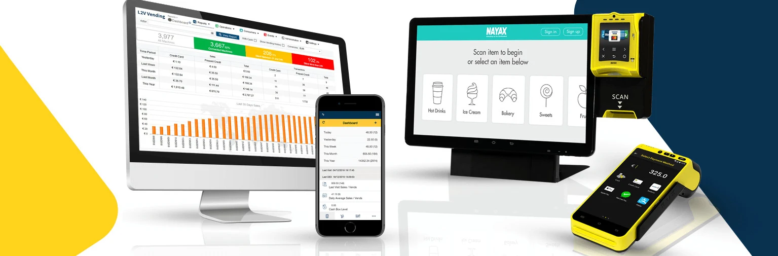 Nayax vending management dashboard, self-service screen and payment terminals