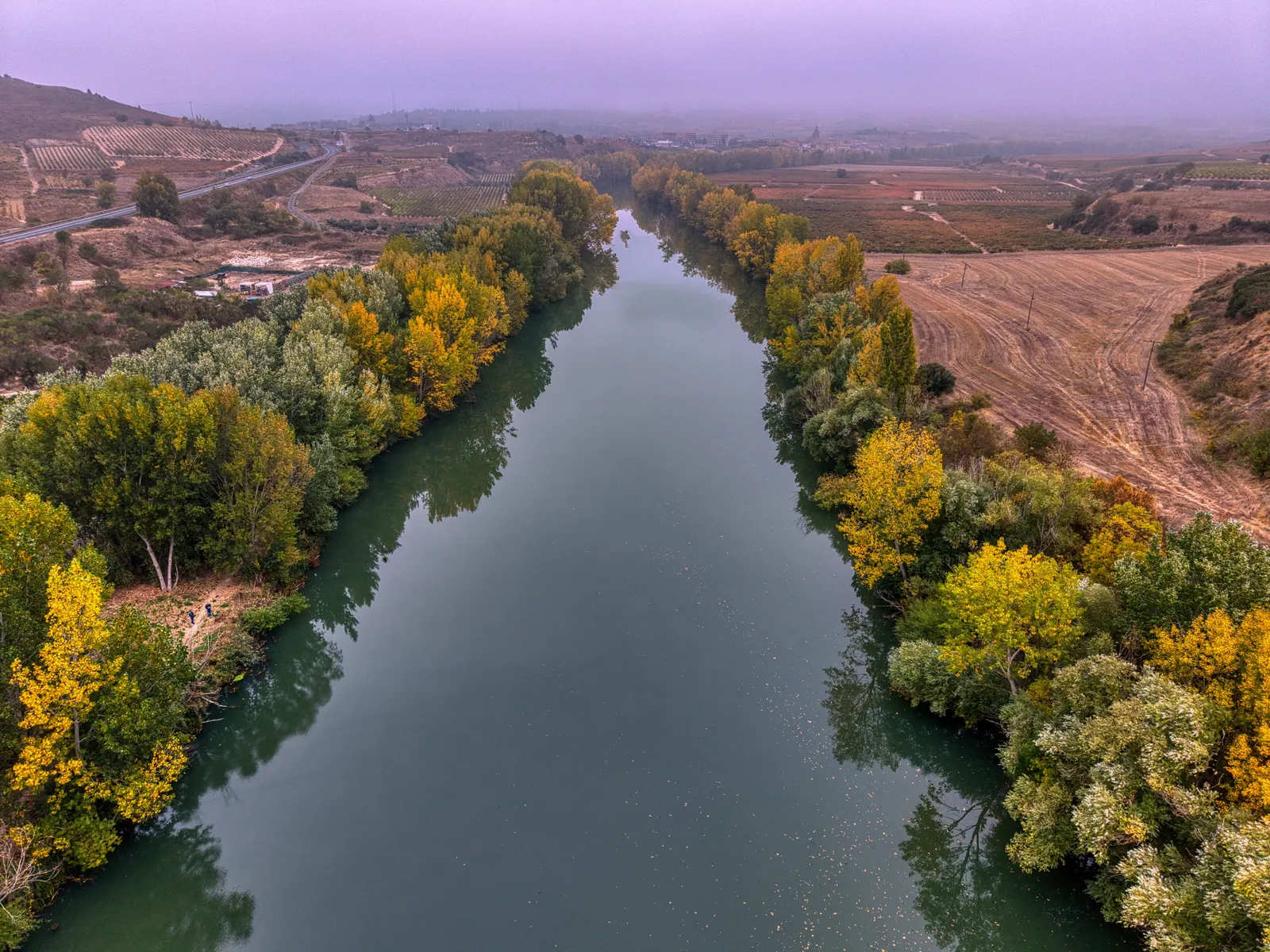 Aerial view of a river valley with vineyards in La Rioja