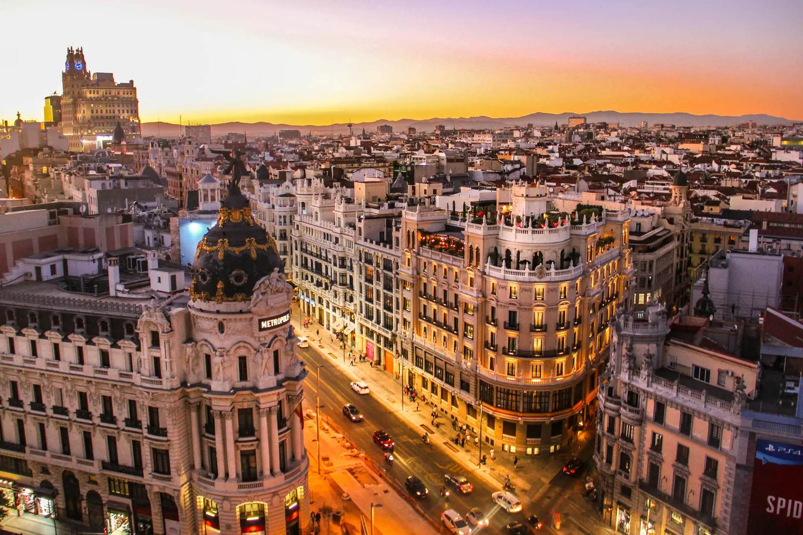 Gran Vía in Madrid at sunset