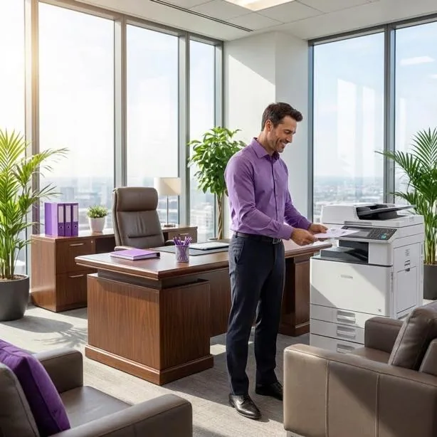 Floor-standing business multifunction printer in a professional office