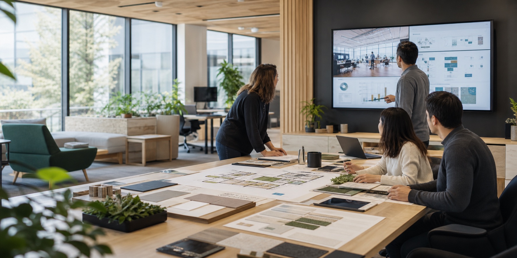 Modern workspace environment with planning screens and connected workplace technology
